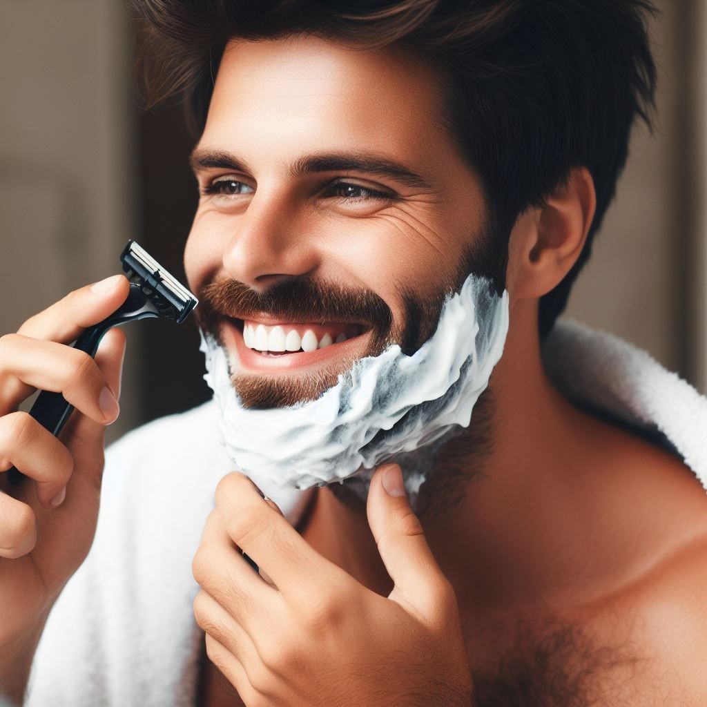 A man shaving his beard with a razor and a foam, smiling and looking at the mirror.